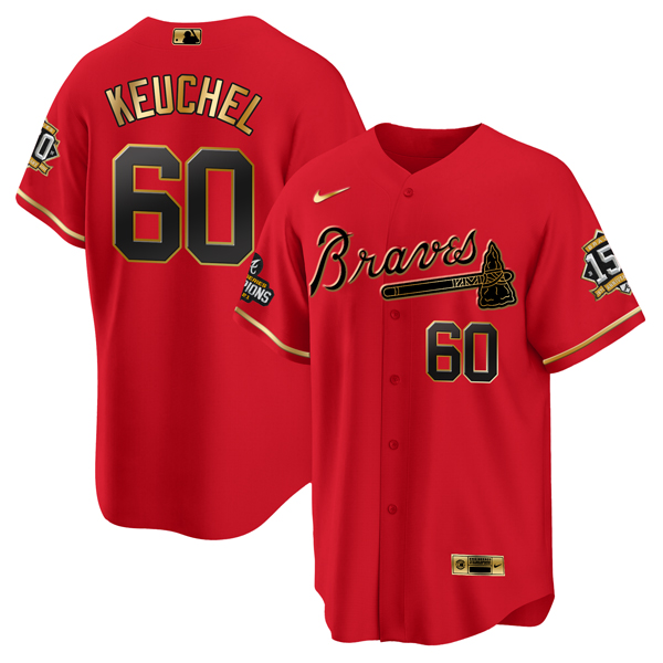 Men's Atlanta Braves #60 Dallas Keuchel Red/Gold World Series Champions With 150th Anniversary Patch Cool Base Stitched Jersey
